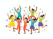 © Goward - A diverse group of joyful people hugging, celebrating friendship day and unity, congratulating multiracial students or friends, depicted as a flat vector cartoon illustration on a white background