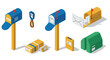 © Ophelia - Isometric mailboxes and parcels collection with bright colors and shadow effects