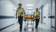 © Cahya - Dynamic action shot of two paramedics in safety vests, running and pushing an emergency gurney through a hospital hallway.