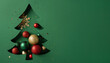 © ActionGP - A green silhouette Christmas tree decor filled with red, green, and gold baubles and a gold snowflake accent. Perfect for holiday greeting and New Year themes, festive atmosphere, warm celebration