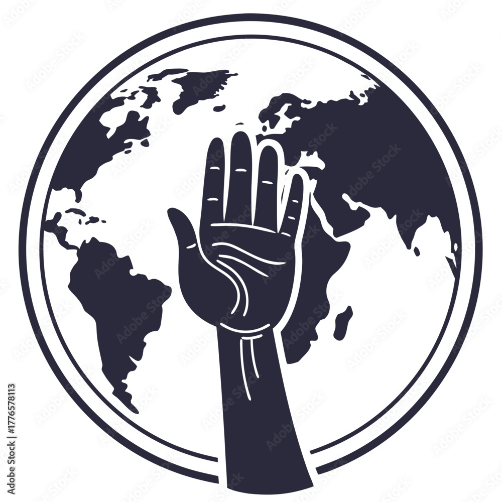 Hand reaching out to the world map, symbolizing global connection and ...