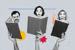 © deagreez - Full banner image 3d collage of shocked angry happy girls man head face expression peek bodyless book encyclopedia reader hand