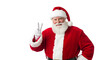 © Rekha - Cheerful santa claus wearing his iconic red suit and hat making a peace sign gesture isolated on transparent background