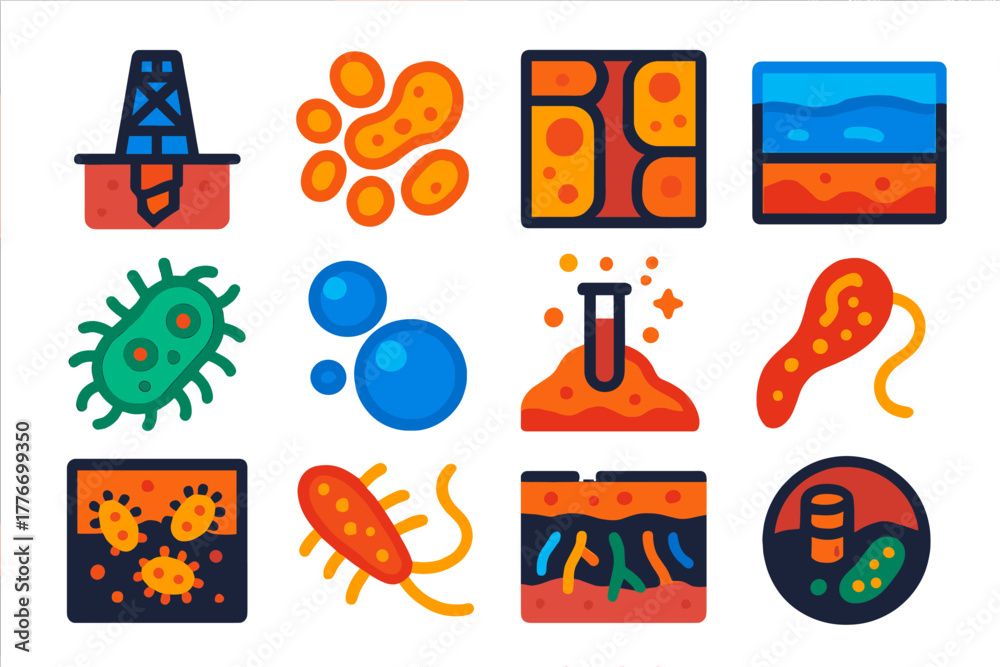 Computer Microbial Simulation Icon Subsurface Microbial Icons. Flat vector icons of deep subsurface life ...