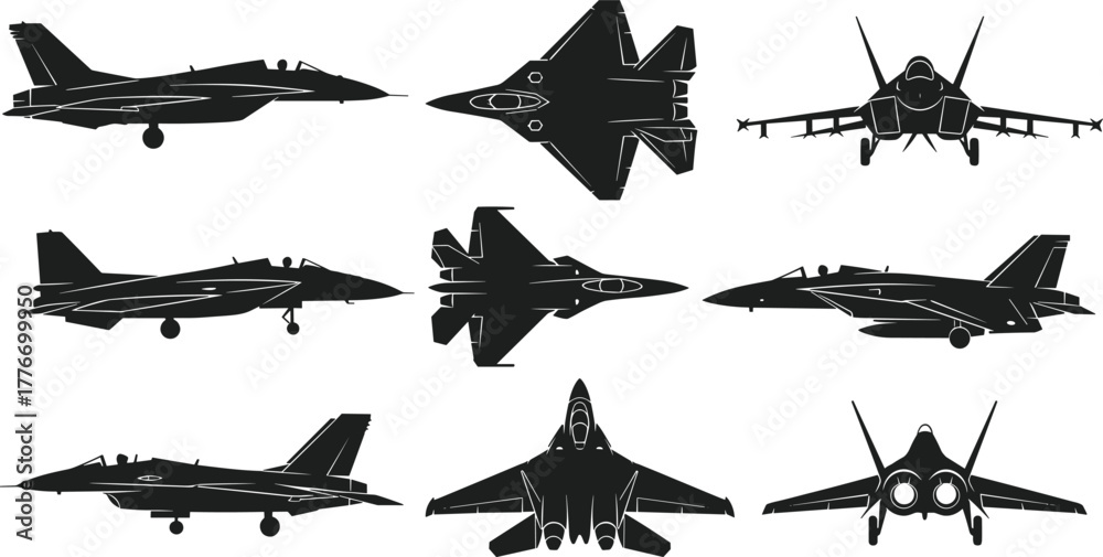 Silhouette vector illustration of modern fighter jets, military ...