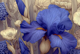 Stylizowana, botaniczna grafika z intensywnie niebieskim irysem na tle innych kwiatów w stonowanych odcieniach beżu i lekkiego fioletu, z bogatą teksturą.