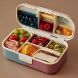 lunch box full of diffrent fruits
