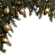 © I LOVE CUTE PNG`S - Evergreen pine branch with golden ornaments and fairy lights border. Isolated white background. Png format