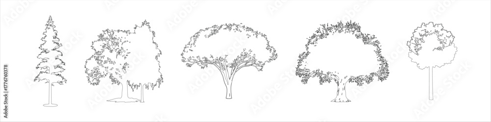 Minimal style cad tree line, Side view, set of graphics trees elements ...