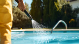 Refreshing pool water is vital for healthy swimming. A person wearing yellow waterproof pants is using a hose to fill up the swimming pool with clean, fresh water.