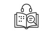 © VectorGomes - Black and white thin line vector icon of an open book with magnifier and braille, representing inclusive education and accessible learning with assistive technology.