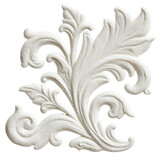 A highly detailed white plaster acanthus leaf scroll, featuring an ornate baroque-style decorative element with intricate textures. background removed
