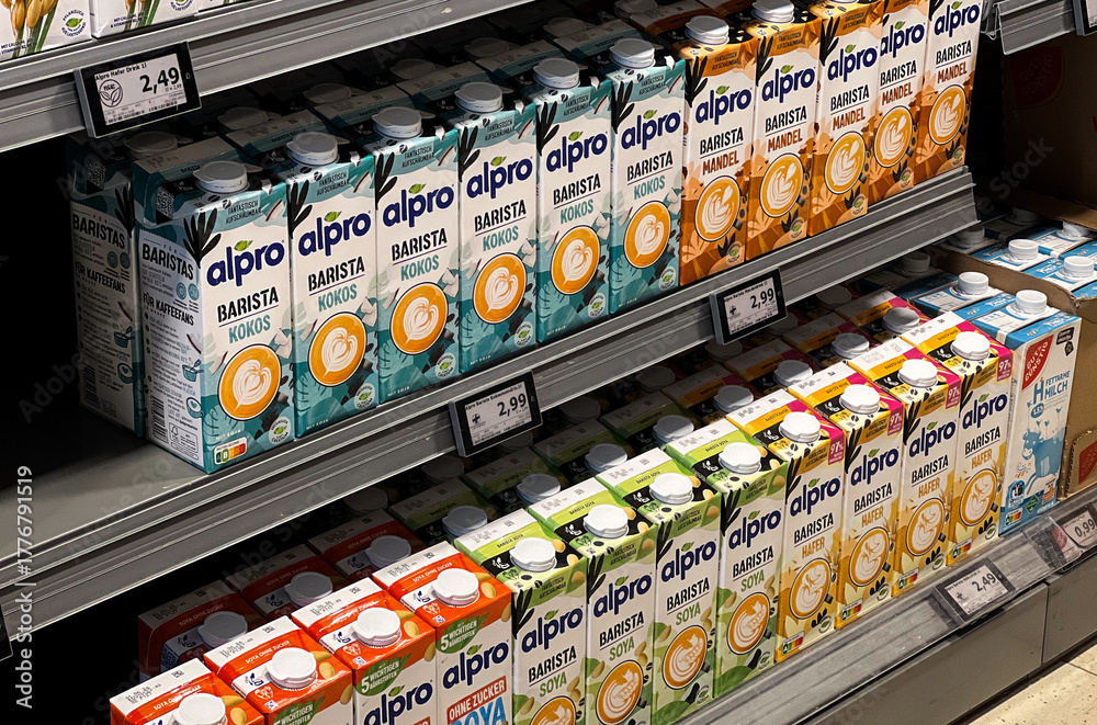10.28.2025 - Flensburg, Germany. Alpro barista plant-based milk on a ...