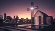 © MEO - Modern church with glass cross at sunset overlooking the city skyline