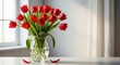 © Volha - Red tulips bouquet in glass vase on table