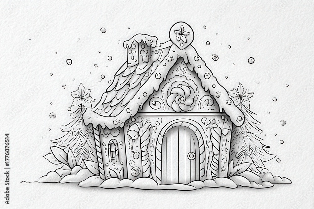 A whimsical gingerbread house stands in a snowy landscape, adorned with colorful decorations. Tall snow-capped trees surround the cozy structure, creating a magical, festive atmosphere.