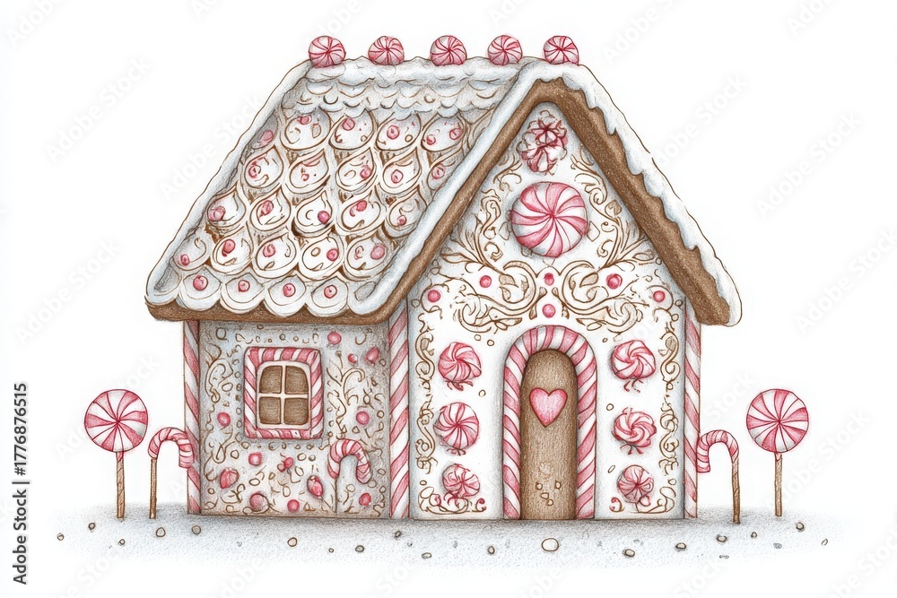 A delightful gingerbread house features colorful candy decorations and frosted roof details. The house exudes a cozy, festive feel, perfectly suited for a storybook setting during wintertime.