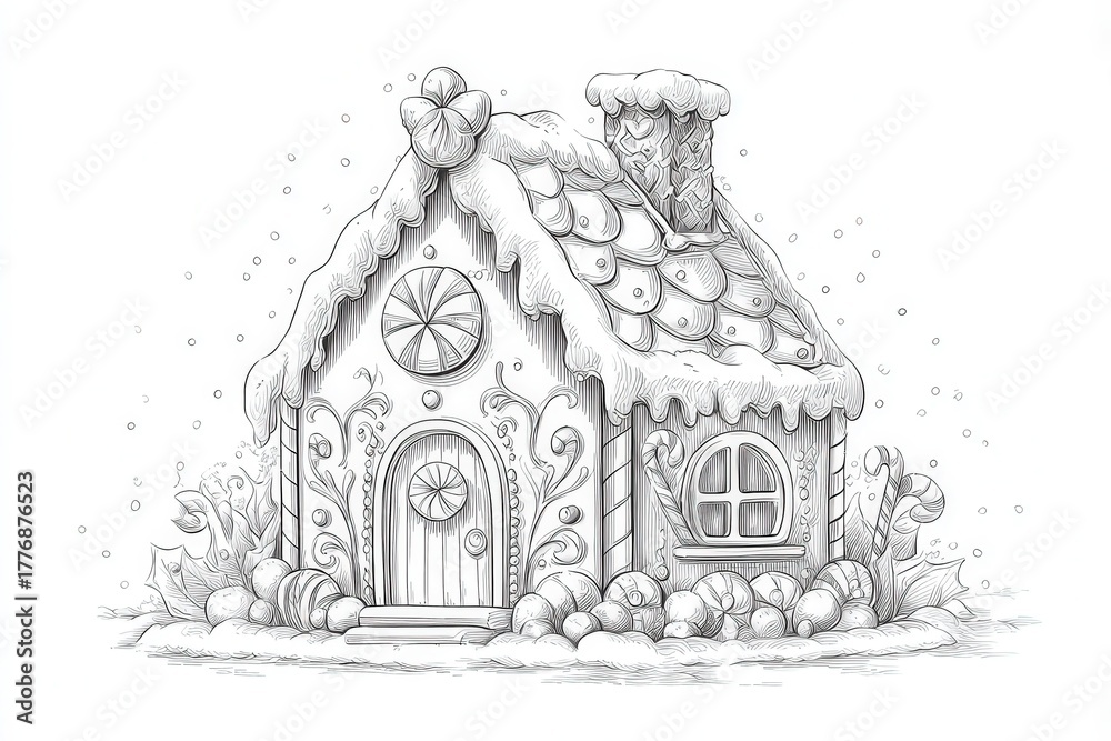 This charming gingerbread house features a decorated roof with icing, colorful candies, and a cozy door.