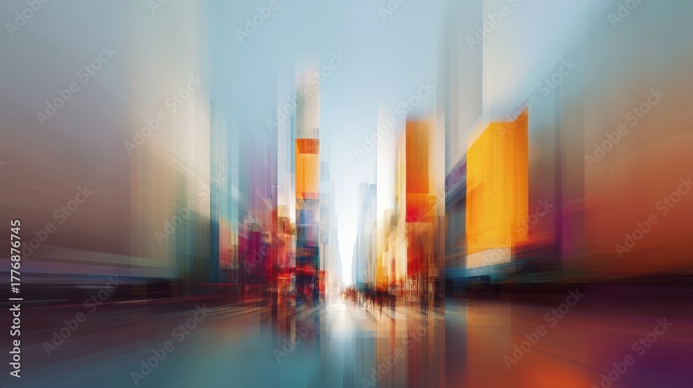 Vibrant city streets come to life with motion blur. Tall buildings rise against a colorful sky. The scene captures the energy and movement of urban life as the sun sets.