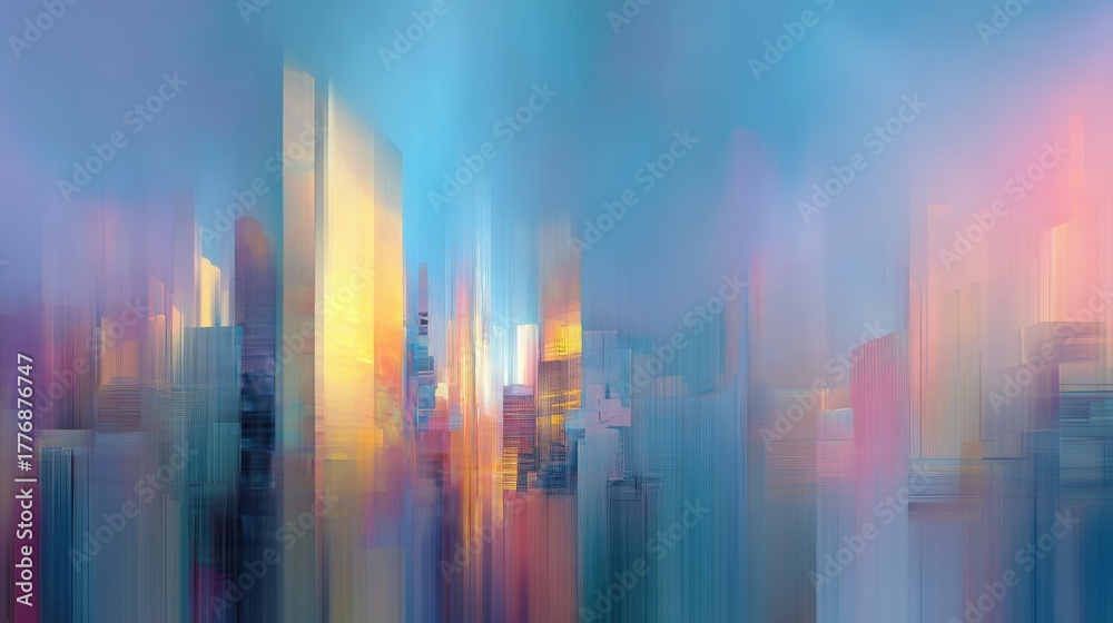 Tall buildings stretch upwards in a vibrant city skyline at sunset, showcasing warm colors and abstract patterns that blend into the evening sky. The scene seems alive with energy and movement.