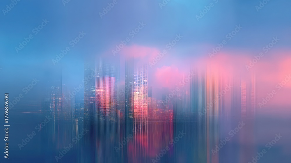 The skyline showcases tall buildings under a dusk sky filled with soft blues and pinks. Light reflects off glass surfaces, creating a dreamlike scene with a calm ambiance.