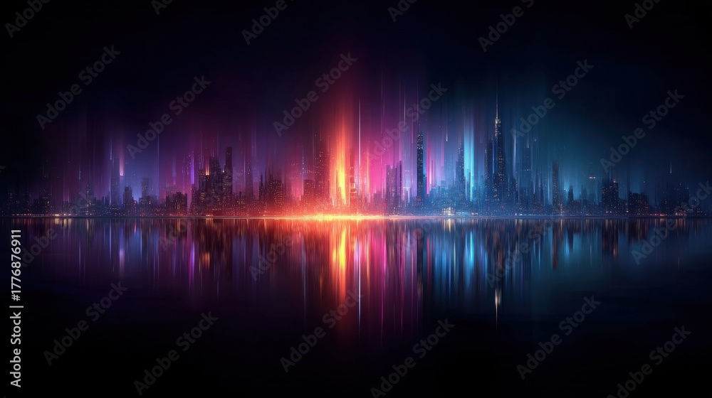 A futuristic city skyline features glowing buildings in shades of purple, blue, and orange. The lights reflect vividly in the still water below, creating a captivating nighttime scene.