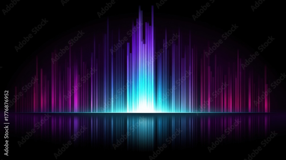 Bright vertical bars in shades of blue, purple, and pink fill the scene, creating a striking sound wave effect. The reflection on a dark surface enhances the colorful display, adding depth.