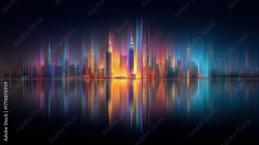 A stunning city skyline at twilight showcases tall buildings with colorful lights reflecting on the calm water below. The vibrant hues create a mesmerizing atmosphere.