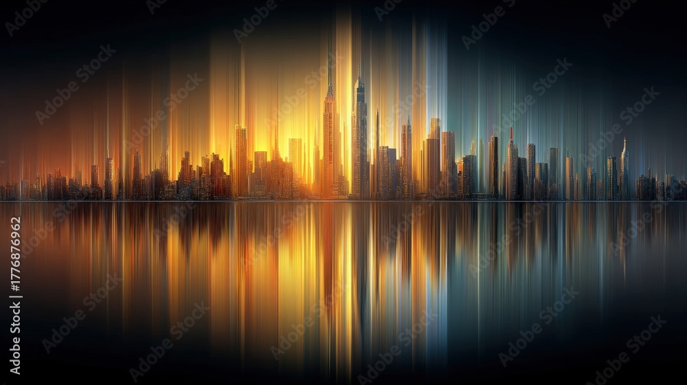 A vibrant city skyline glows at sunset, with glowing buildings illuminating the sky. The reflection of the skyline shimmers on the water, creating beautiful light patterns.