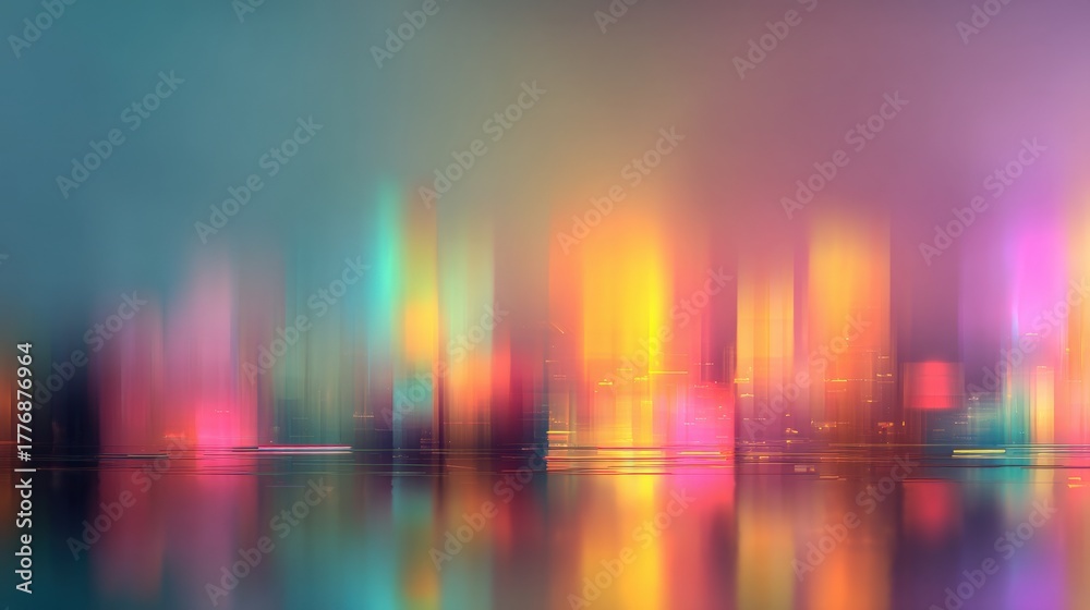 Bright colors blend in an abstract representation of a city skyline reflected on smooth water. The scene captures a serene twilight atmosphere with soft, glowing light.