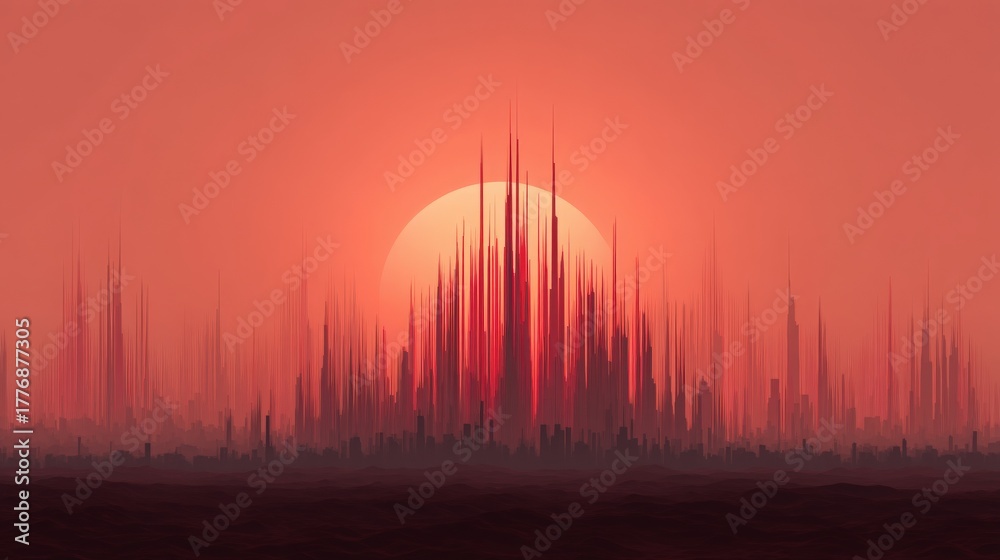 A brilliant sunset casts a warm glow over a vast cityscape. Towering structures appear like sharp spikes against the bright sky.