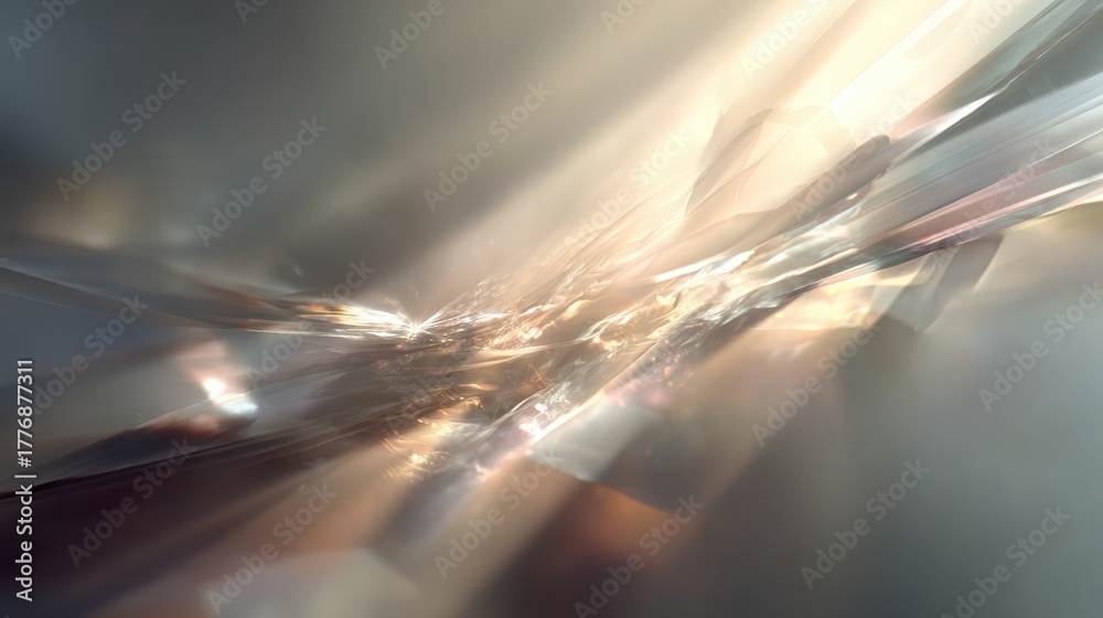 Bright light streams through a crystal-like structure, creating an abstract composition with layered textures and warm tones. The interplay of light and shadow adds depth and intrigue.