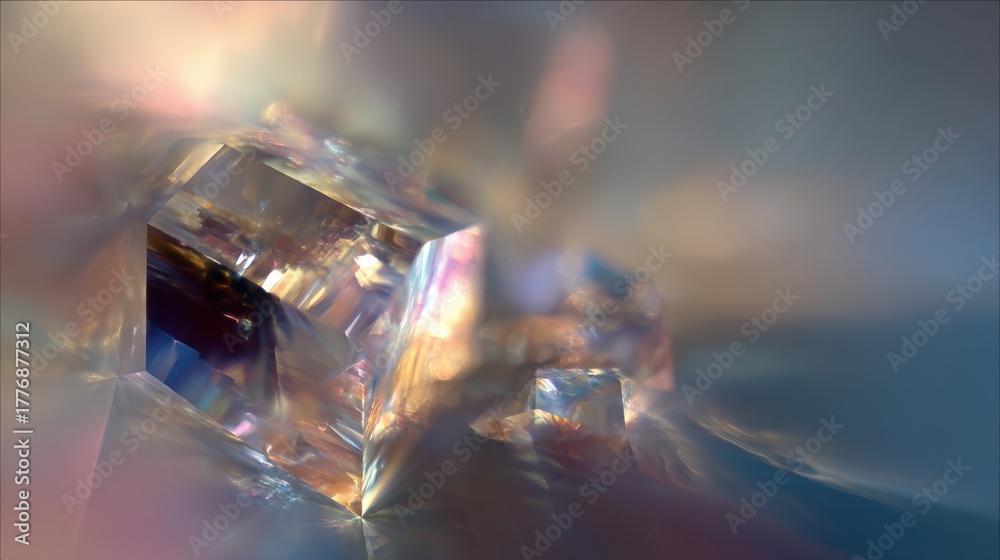 Crystals sparkle as they reflect a spectrum of colors. The close-up shot reveals intricate details and facets, creating a mesmerizing effect. Light plays beautifully on the surface.