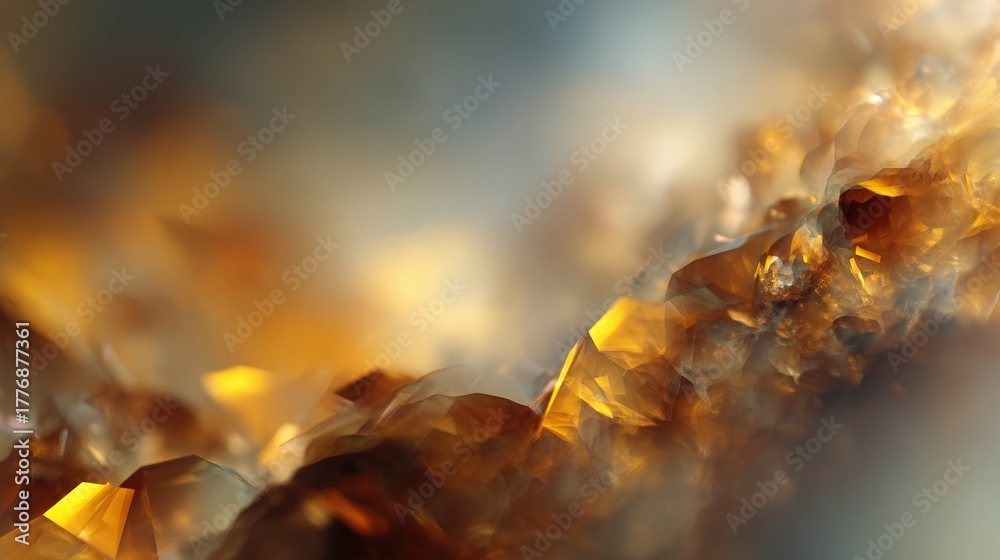 Shimmering golden crystals reflect light beautifully in a close-up view, showcasing the intricate details and textures. Soft colors in the background enhance the crystals brilliance and depth.