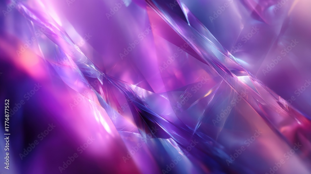 A vibrant and colorful abstract background showcases rich purple tones with shimmering light reflections. The deep colors and translucent layers create an enchanting visual experience.