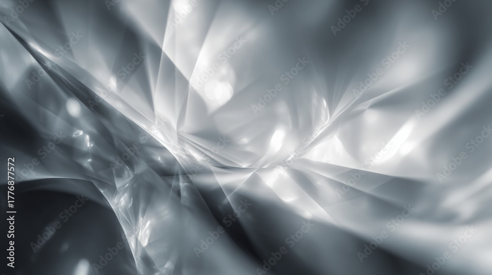 Shimmering shapes and soft lines form a captivating abstract design. The flowing grey tones blend together, creating a sense of movement and depth in the composition.