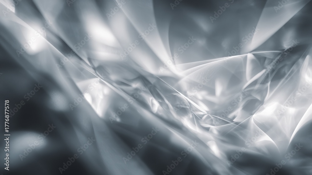 This artwork features a mesmerizing abstract design in shades of silver and white, showcasing swirling light and intricate patterns. The dynamic flow creates a sense of depth and movement.
