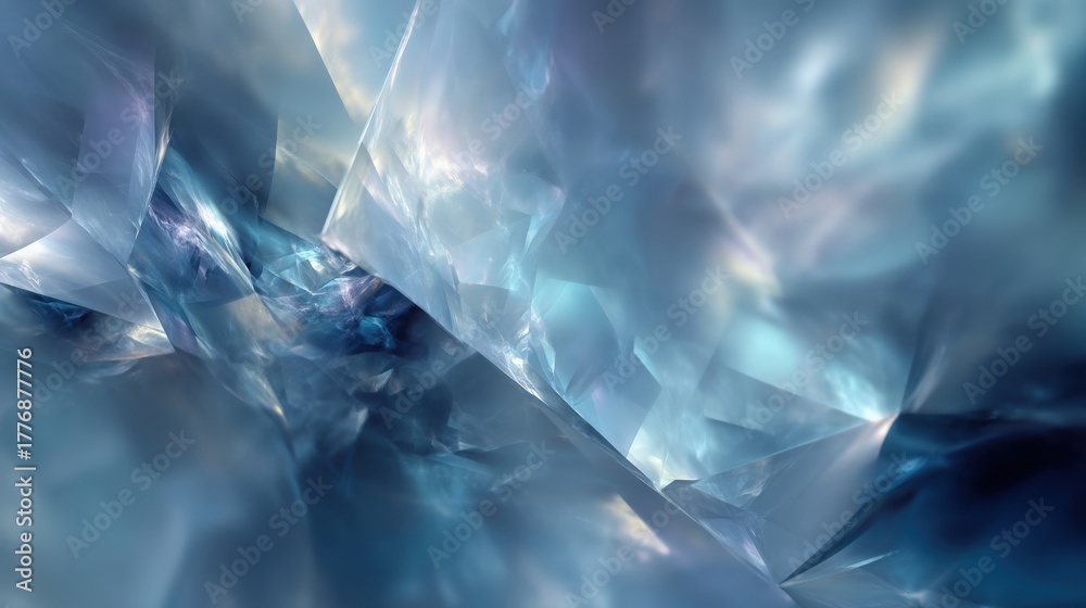 Bright and soft light refracts through translucent, crystal-like formations in varying shades of blue. The scene creates a serene and tranquil atmosphere, showcasing a unique visual texture.