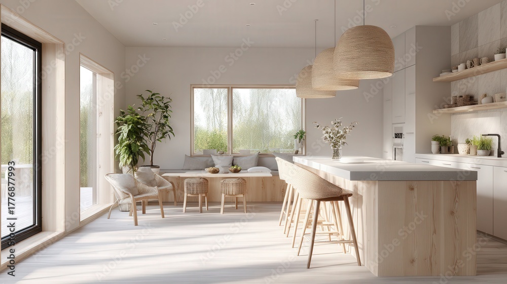 Bright kitchen space showcases natural light, elegant furnishings, and greenery. The wooden island and seating create a welcoming atmosphere for cooking and gathering.