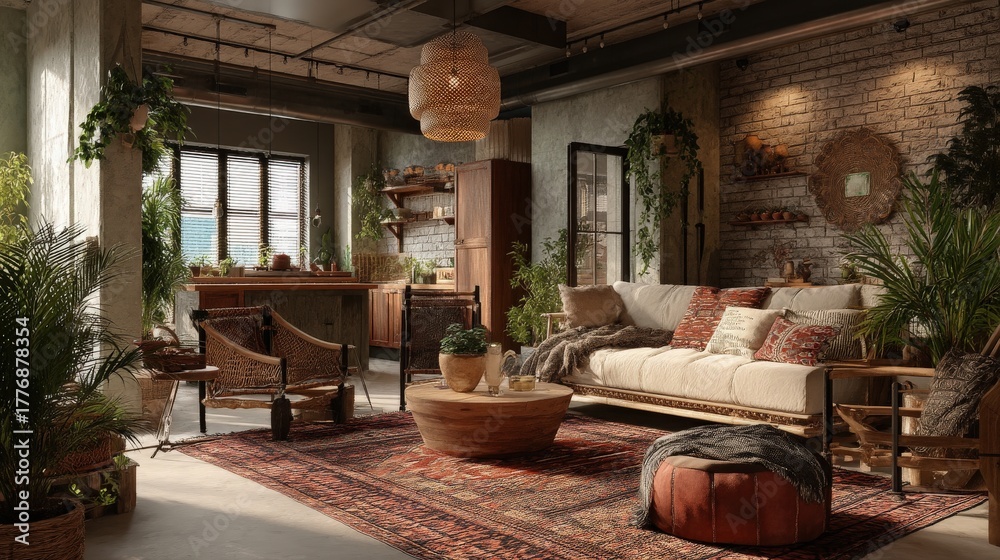 A stylish living room features a large sofa adorned with decorative pillows, surrounded by indoor plants. A wooden coffee table sits on a rich area rug, creating a warm atmosphere in the space.