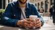 © Studio VIP - Man holding to-go coffee cup at outdoor café table, relaxed candid lifestyle scene with soft shade lighting and urban background