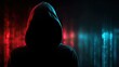 © pingpao - A mysterious figure in a hooded sweatshirt stands against a backdrop of digital codes, illuminated by red and blue lights, suggesting themes of secrecy and technology.