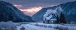 © PBMasterDesign - White smoke rises from the chimney concept. A cozy house surrounded by snow-covered mountains at sunset.