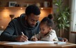 © wang - Black father and daughter at table in cozy home scene, man working and little girl drawing or studying, copy space. High quality