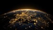 © yang - Digital world map, global network, and connectivity concept with city skyline on a dark background. a digital globe grid with glowing connections and stars, representing the global network and connect