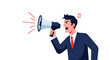 © Shakib - An angry businessman loudly shouts into a megaphone, expressing frustration or making a powerful, urgent announcement.