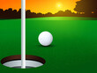 © Niloy_mh - Golf ball on green near hole at sunset