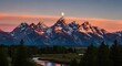 © KIMPOL - Sunrise/sunset over mountain range, moon visible.  Snowy peaks, colorful sky, tranquil river, forest