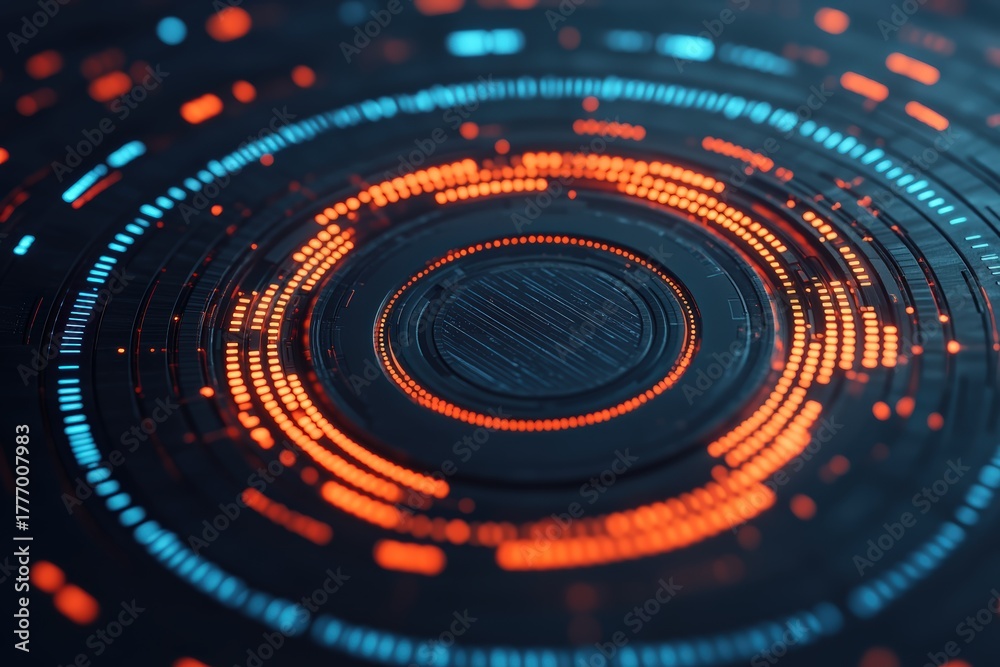 Digital interface displaying glowing orange and blue circular data ...