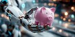 © keks20034 - Artificial intelligence robot saves bitcoins in a piggy bank, future digital finance concept